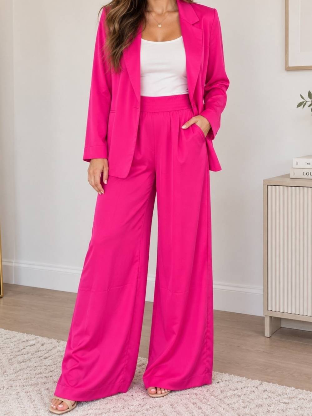 Hot Pink Satin-Look 2-Piece Top & Wide Leg Pants Set